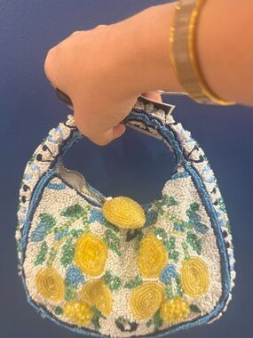 Hand-Beaded Lemon Print Mini Bag in Yellow and White
